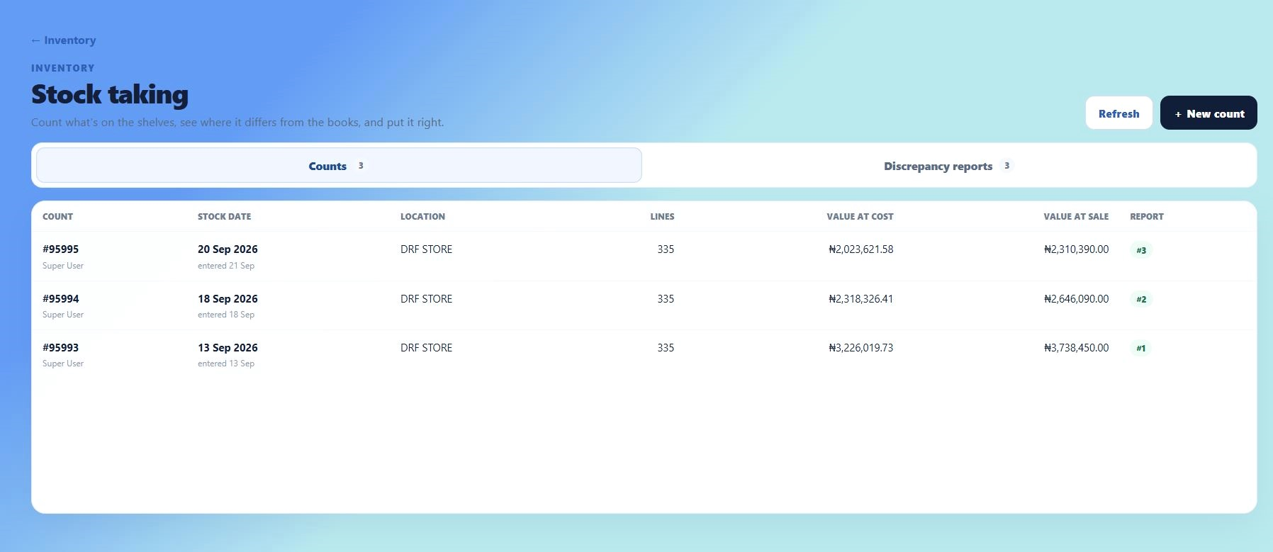 Shuwaki Worxpace web app stock taking screen